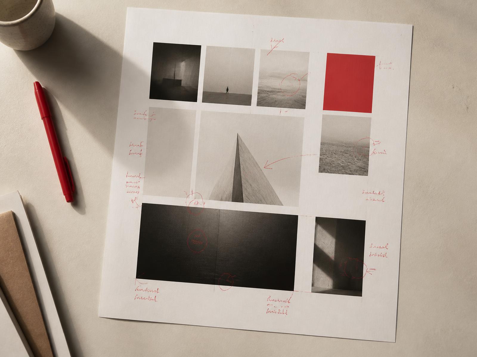 A printed design proof on a desk, marked up in red pen with circles, arrows and margin notes